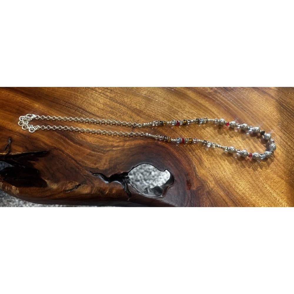 Brighton Retired Beaded Crystal Necklace Silver Tone 30" Heart Clasp Multicolor
